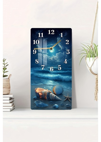 Deniz ve Kabuk Temalı Temperli Cam Duvar Saati – 30X60 cm Hd Uv Baskı– CUSD054