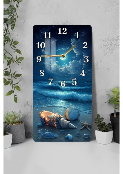Deniz ve Kabuk Temalı Temperli Cam Duvar Saati – 30X60 cm Hd Uv Baskı– CUSD054