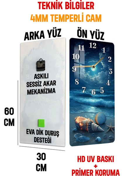 Deniz ve Kabuk Temalı Temperli Cam Duvar Saati – 30X60 cm Hd Uv Baskı– CUSD054