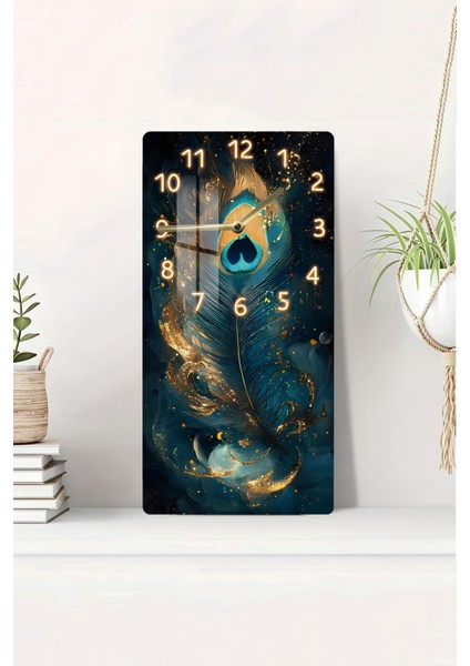 Tavus Kuşu Tüyü ve Altın Işıltılı Desenli Temperli Cam Tablo Saat 30×60 cm Hd Uv Baskı– CUSD231