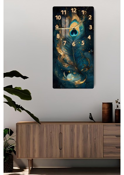 Tavus Kuşu Tüyü ve Altın Işıltılı Desenli Temperli Cam Tablo Saat 30×60 cm Hd Uv Baskı– CUSD231 fiyatları