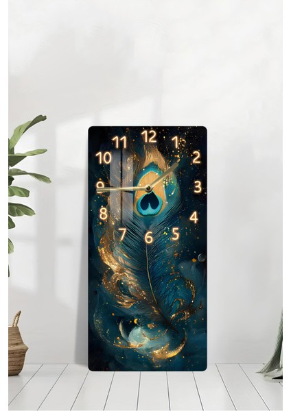 Tavus Kuşu Tüyü ve Altın Işıltılı Desenli Temperli Cam Tablo Saat 30×60 cm Hd Uv Baskı– CUSD231 modelleri