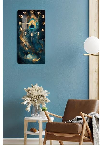 Tavus Kuşu Tüyü ve Altın Işıltılı Desenli Temperli Cam Tablo Saat 30×60 cm Hd Uv Baskı– CUSD231 fırsatları