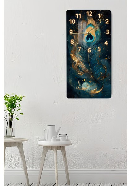 Tavus Kuşu Tüyü ve Altın Işıltılı Desenli Temperli Cam Tablo Saat 30×60 cm Hd Uv Baskı– CUSD231 indirimleri
