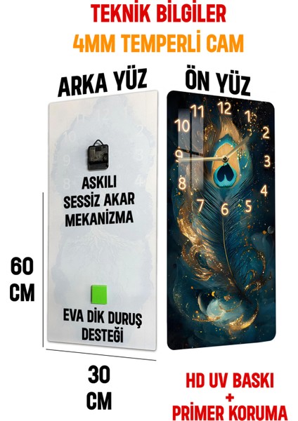 Tavus Kuşu Tüyü ve Altın Işıltılı Desenli Temperli Cam Tablo Saat 30×60 cm Hd Uv Baskı– CUSD231