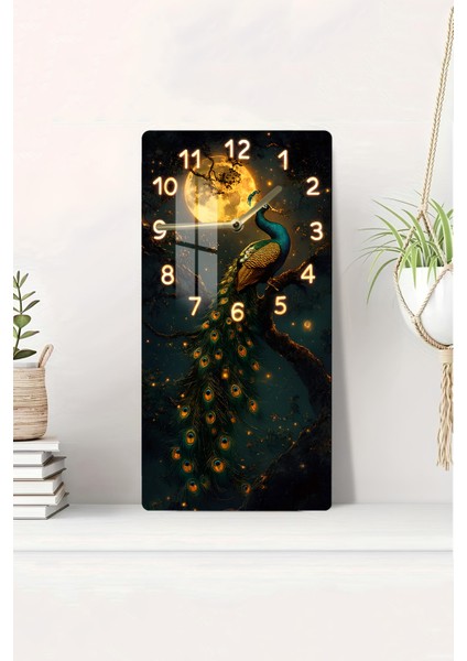 Tavus Kuşu ve Ay Işığı Temalı Temperli Cam Tablo Saat – 30X60 cm Uv Baskı– CUSD090
