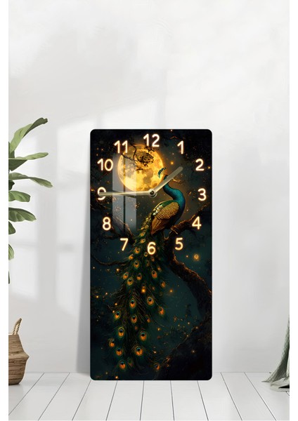 Tavus Kuşu ve Ay Işığı Temalı Temperli Cam Tablo Saat – 30X60 cm Uv Baskı– CUSD090 modelleri