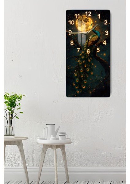 Tavus Kuşu ve Ay Işığı Temalı Temperli Cam Tablo Saat – 30X60 cm Uv Baskı– CUSD090 indirimleri