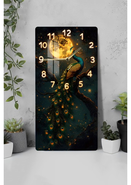 Tavus Kuşu ve Ay Işığı Temalı Temperli Cam Tablo Saat – 30X60 cm Uv Baskı– CUSD090