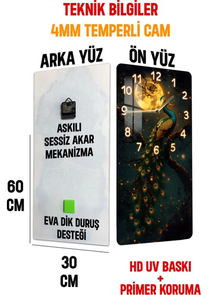 Tavus Kuşu ve Ay Işığı Temalı Temperli Cam Tablo Saat – 30X60 cm Uv Baskı– CUSD090