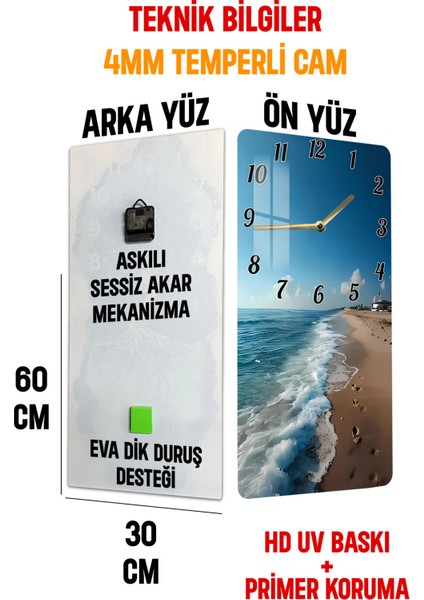Temperli Cam Tablo Saat – Sahil Manzarası Desenli (30X60 Cm) Uv Baskı – CUSD034