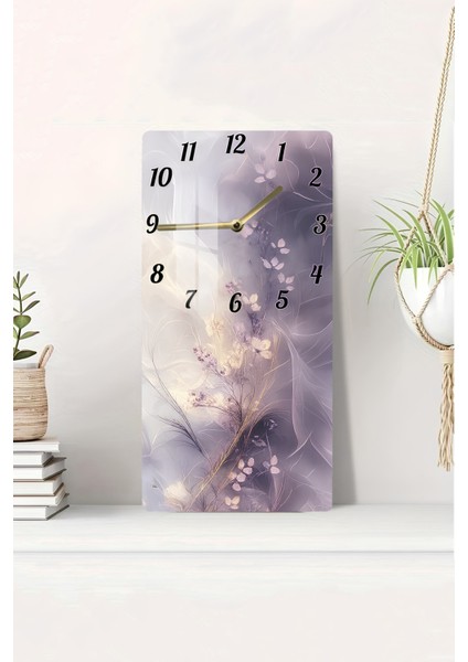 Mor Pastel Yaprak Desenli Temperli Cam Tablo Saat 30×60 cm Hd Uv Baskı– CUSD236