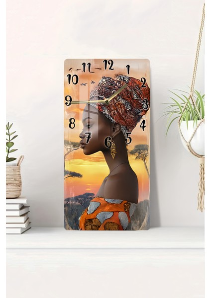 Temperli Cam Tablo Saat – Afrika Gün Batımı Temalı Portre Tasarımı (30×60 Cm)– Uv Baskı– CUSD125