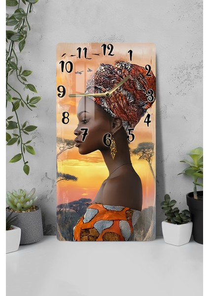 Temperli Cam Tablo Saat – Afrika Gün Batımı Temalı Portre Tasarımı (30×60 Cm)– Uv Baskı– CUSD125