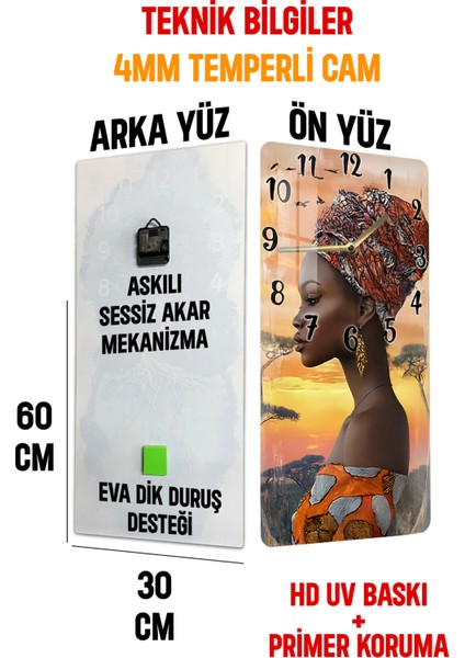 Temperli Cam Tablo Saat – Afrika Gün Batımı Temalı Portre Tasarımı (30×60 Cm)– Uv Baskı– CUSD125