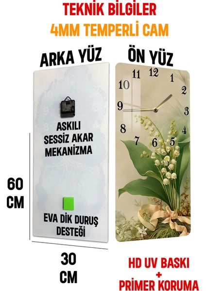 Zambak Buketi Temalı Temperli Cam Tablo Saat 30×60 cm |hd Uv Baskı– CUSD226