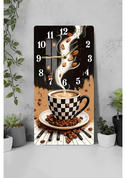 Temperli Cam Tablo Saat – Kahve Temalı Dama Desenli Tasarım (30×60 Cm)– Uv Baskı– CUSD131