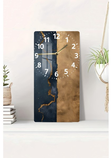 Temperli Cam Tablo Saat – Lacivert & Gold Soyut Doku Tasarımı (30×60 Cm)– Uv Baskı– CUSD129