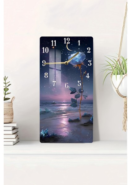Gece Mavisi Gül Manzaralı Temperli Cam Tablo Saat – 30X60 cm | Hd Uv Baskı– CUSD085