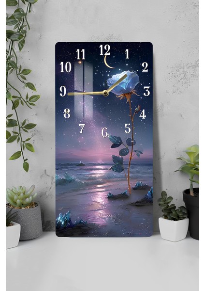 Gece Mavisi Gül Manzaralı Temperli Cam Tablo Saat – 30X60 cm | Hd Uv Baskı– CUSD085