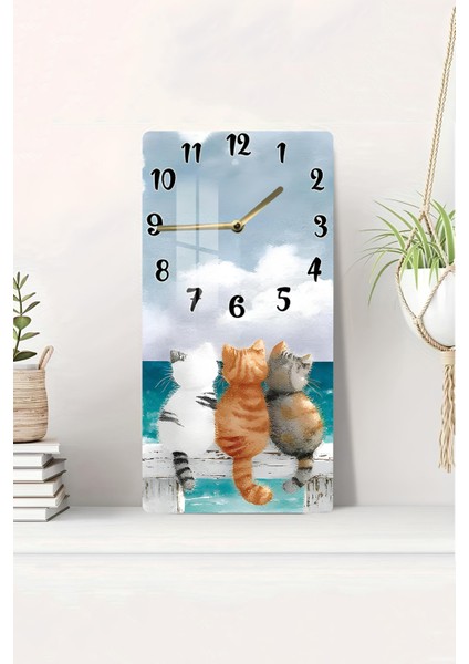 Sevimli Kedi Figürlü Temperli Cam Duvar Saati – 30X60 cm Uv Baskı– CUSD051