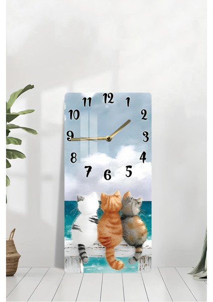 Sevimli Kedi Figürlü Temperli Cam Duvar Saati – 30X60 cm Uv Baskı– CUSD051 modelleri
