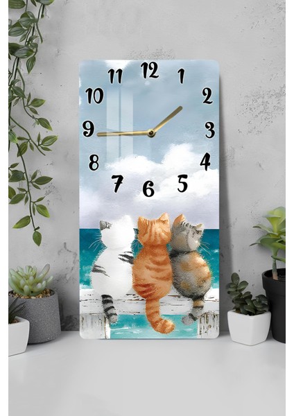 Sevimli Kedi Figürlü Temperli Cam Duvar Saati – 30X60 cm Uv Baskı– CUSD051