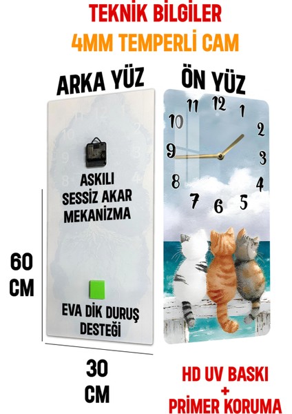 Sevimli Kedi Figürlü Temperli Cam Duvar Saati – 30X60 cm Uv Baskı– CUSD051