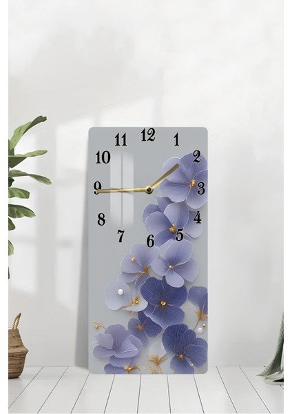 Mor Mavi Çiçek Desenli Temperli Cam Tablo Saat – 30X60 cm | Zarafet ve Şıklığın Buluşması– CUSD168 modelleri