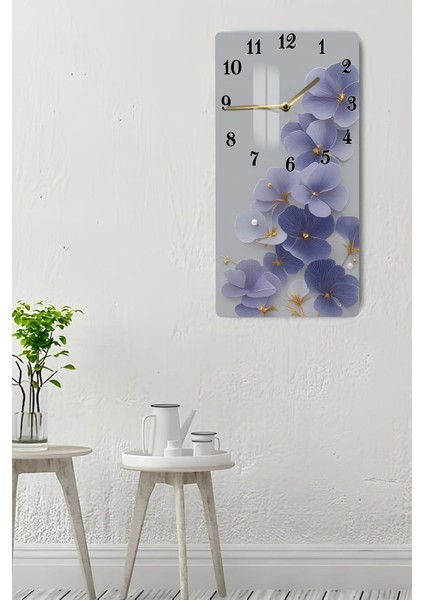 Mor Mavi Çiçek Desenli Temperli Cam Tablo Saat – 30X60 cm | Zarafet ve Şıklığın Buluşması– CUSD168 indirimleri