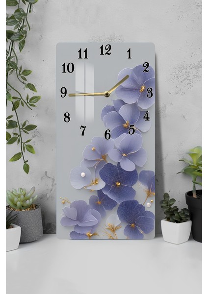 Mor Mavi Çiçek Desenli Temperli Cam Tablo Saat – 30X60 cm | Zarafet ve Şıklığın Buluşması– CUSD168
