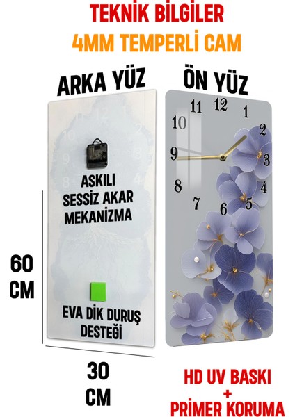 Mor Mavi Çiçek Desenli Temperli Cam Tablo Saat – 30X60 cm | Zarafet ve Şıklığın Buluşması– CUSD168