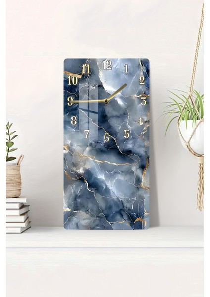 Lacivert Gri Mermer Desenli Temperli Cam Tablo Saat – 30×60 Cm– Uv Baskı– CUSD149