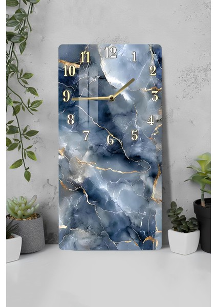 Lacivert Gri Mermer Desenli Temperli Cam Tablo Saat – 30×60 Cm– Uv Baskı– CUSD149