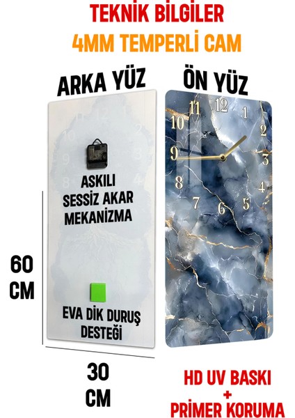 Lacivert Gri Mermer Desenli Temperli Cam Tablo Saat – 30×60 Cm– Uv Baskı– CUSD149