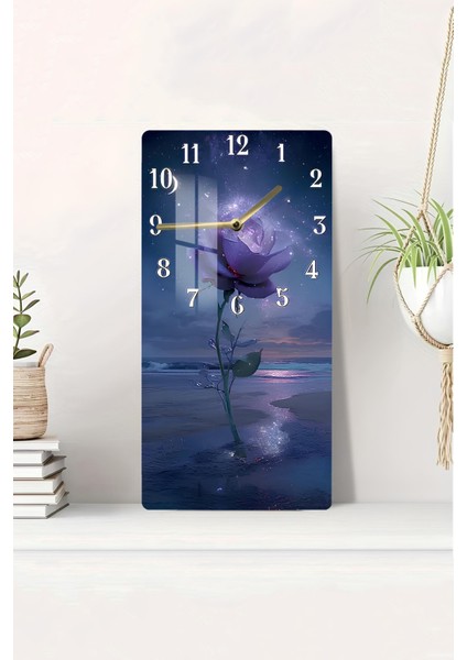 Mor Gül ve Gece Işıltısı Temalı Temperli Cam Duvar Saati – 33X33 cm | Hd Uv Baskı– CUSD078
