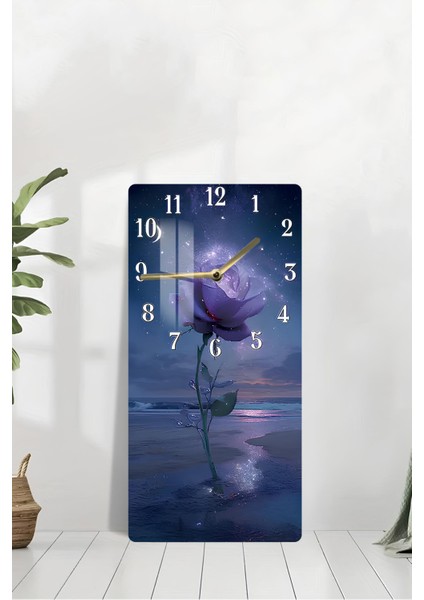 Mor Gül ve Gece Işıltısı Temalı Temperli Cam Duvar Saati – 33X33 cm | Hd Uv Baskı– CUSD078 modelleri
