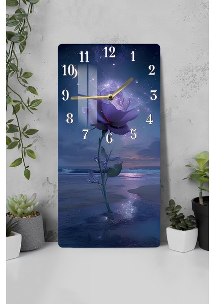 Mor Gül ve Gece Işıltısı Temalı Temperli Cam Duvar Saati – 33X33 cm | Hd Uv Baskı– CUSD078