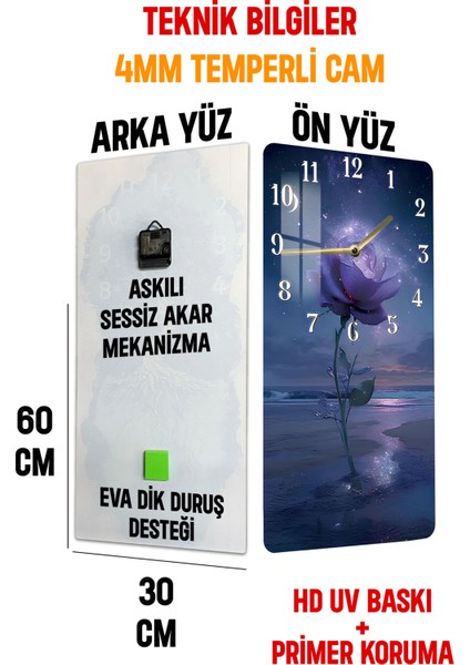 Mor Gül ve Gece Işıltısı Temalı Temperli Cam Duvar Saati – 33X33 cm | Hd Uv Baskı– CUSD078