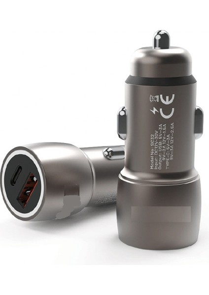 3.1A 30W Pd Q.c. 3.0 1xtype-C + 1xusb-A Çıkışlı Hızlı Araç Şarj Cihazı - Metalik Füme