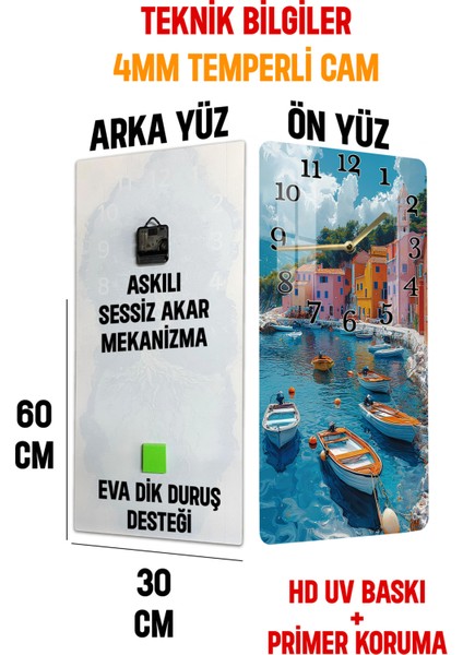 Temperli Cam Tablo Saat – Akdeniz Manzaralı 30X60CM Uv Baskı – USD003