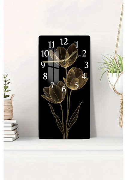 Temperli Cam Tablo Saat – Altın Hatlı Siyah Lale Tasarımı (30×60 Cm)– Uv Baskı– CUSD128