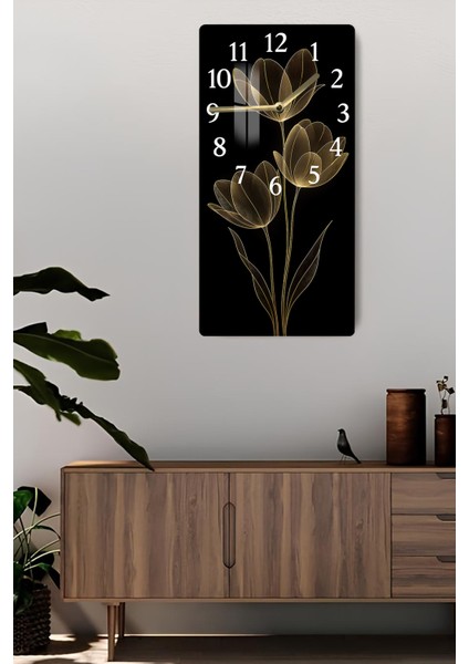 Temperli Cam Tablo Saat – Altın Hatlı Siyah Lale Tasarımı (30×60 Cm)– Uv Baskı– CUSD128 fiyatları