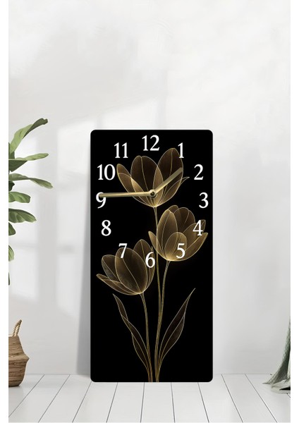 Temperli Cam Tablo Saat – Altın Hatlı Siyah Lale Tasarımı (30×60 Cm)– Uv Baskı– CUSD128 modelleri