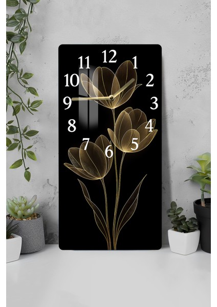 Temperli Cam Tablo Saat – Altın Hatlı Siyah Lale Tasarımı (30×60 Cm)– Uv Baskı– CUSD128