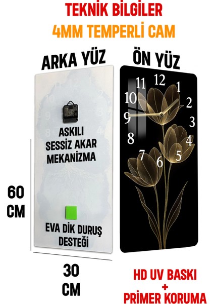 Temperli Cam Tablo Saat – Altın Hatlı Siyah Lale Tasarımı (30×60 Cm)– Uv Baskı– CUSD128