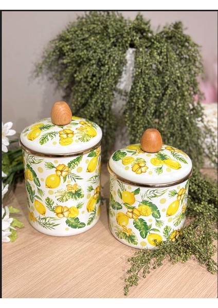 Emaye 3'lü Kavanoz Seti Citrus Büyük Boy Kavanoz - Orta Boy Kavanoz - Şekerlik