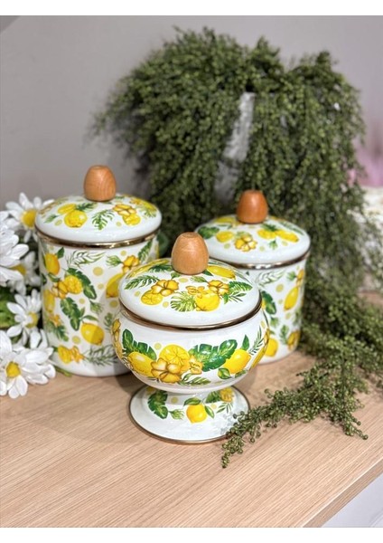 Emaye 3'lü Kavanoz Seti Citrus Büyük Boy Kavanoz - Orta Boy Kavanoz - Şekerlik modelleri