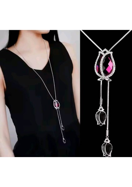 Kore Stil Lale Motifli Taşlı Uzun Zincir Kolye