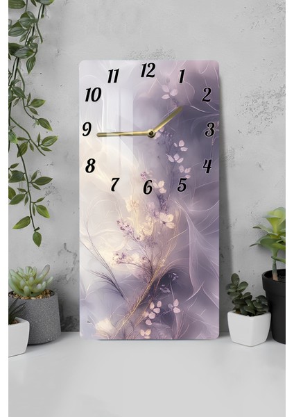 Mor Pastel Yaprak Desenli Temperli Cam Tablo Saat 30×60 cm Hd Uv Baskı– CUSD236